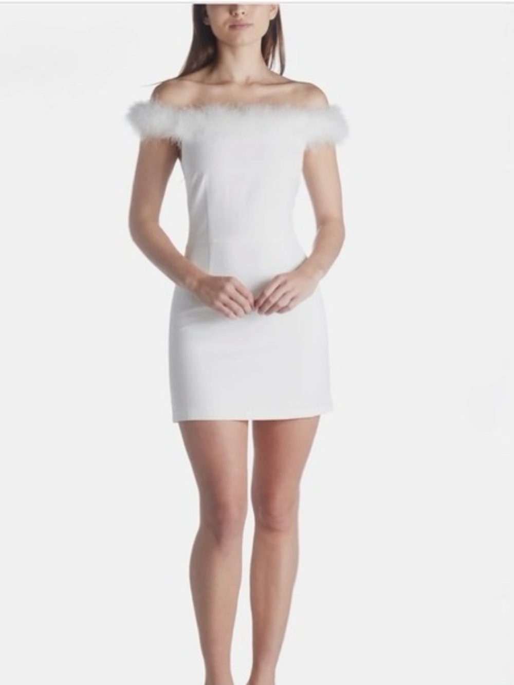 Off-Shoulder White Mini Dress with Feather Trim
